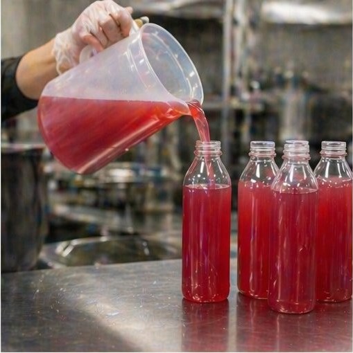 Hand-pouring fresh juice into bottles