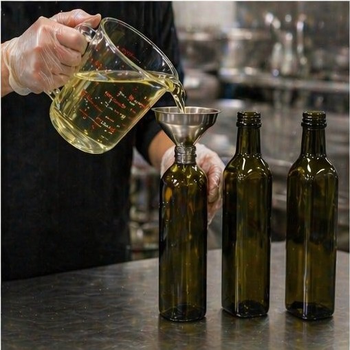 Hand-funneling custom flavored oil