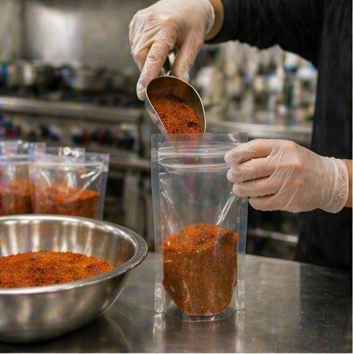 Hand-scooping spice blend into packaging